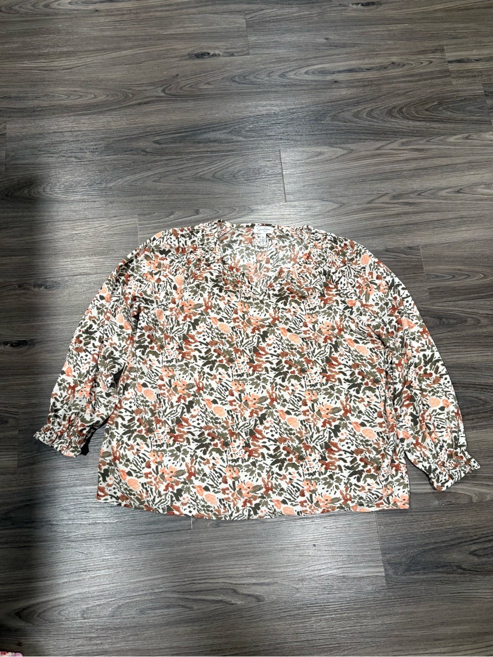 Jessica Simpson Peach Olive Floral V-Neck Long Sleeve Blouse